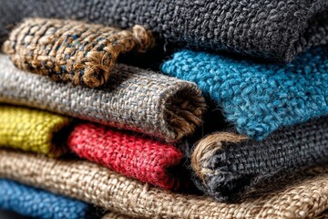 Colorful textiles arranged in a stacked formation showcasing various woven patterns and textures indoors