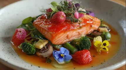 fancy salmon steak garnished with fresh salad leaf and edible flowers