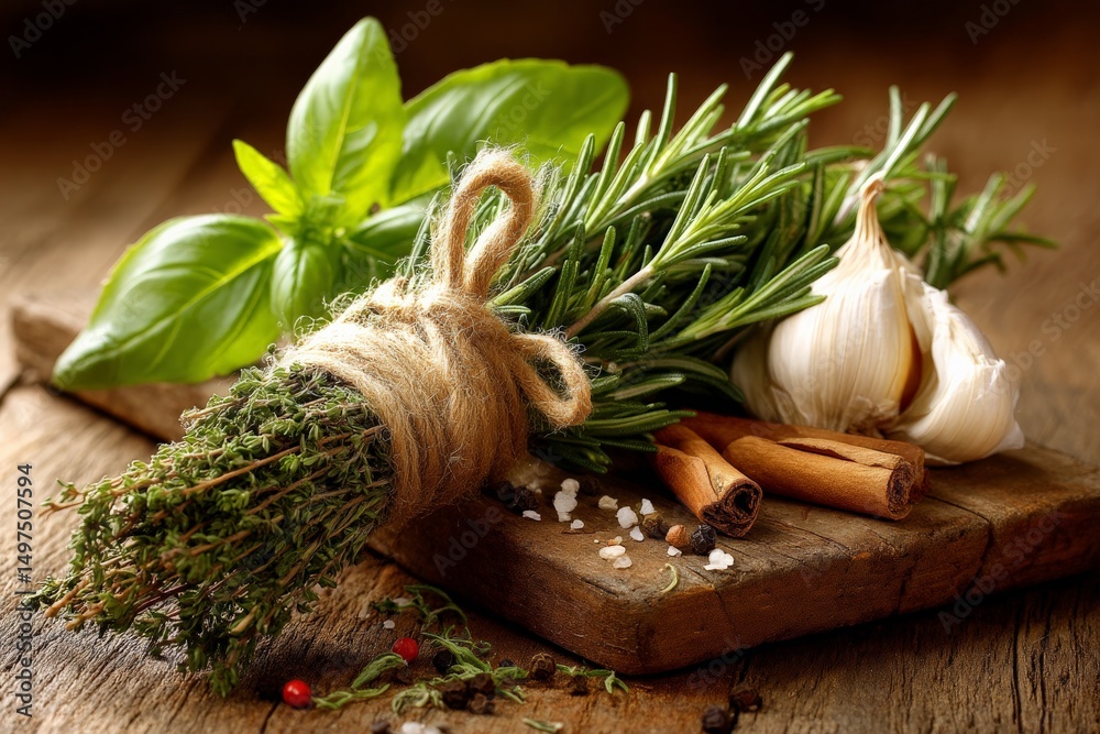 Poster fresh herbs and spices arranged on a wooden board for culinary preparation in a rustic kitchen setti