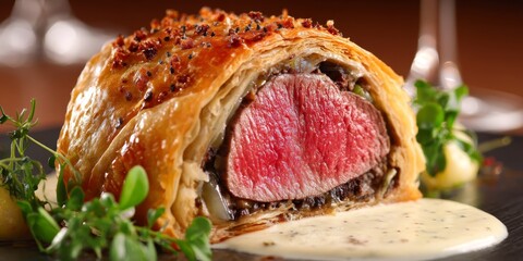 perfectly prepared Beef Wellington dish close up tasty juicy	
