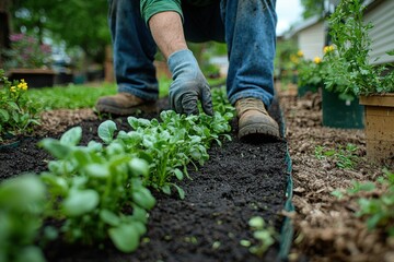 Fototapeta premium Gardener tending to leafy greens in a vibrant organic vegetable garden