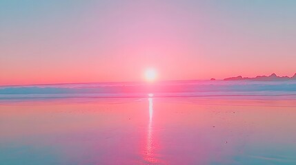 Fototapeta premium Pink Sunset Beach Ocean Waves Calm Sea Sky