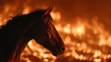 close up black horse head with burning fire with black smoke as background