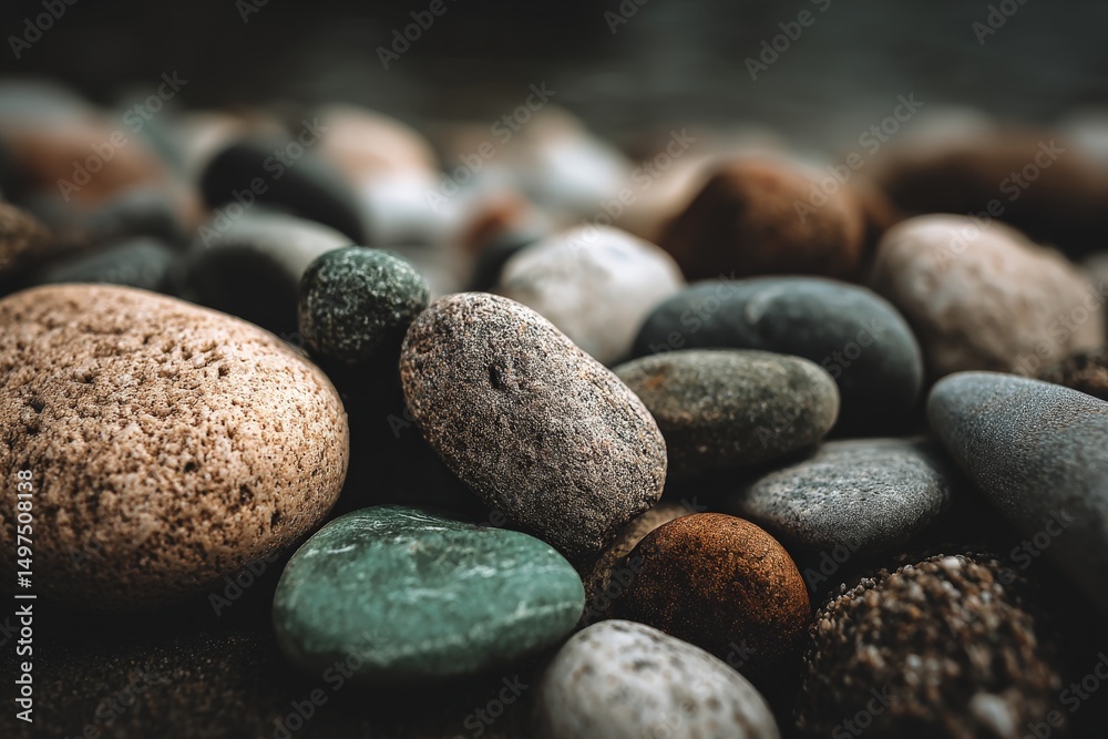 Poster Assorted smooth stones collected from a riverbed reflecting natural colors and textures in a close-up view