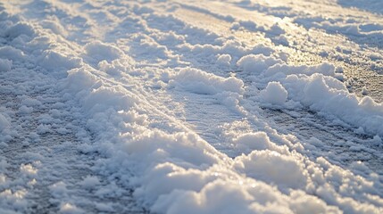 Sunlit snow-covered road showing tire tracks in winter wonderland scenery