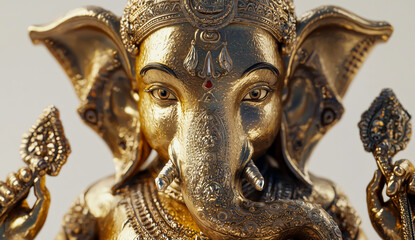Fototapeta premium Exquisite brass statue of Lord Ganesha displayed prominently in a serene setting with intricate details shining in natural light