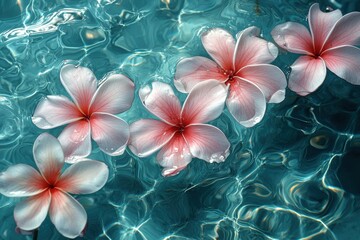 Obraz premium Pink frangipani flowers floating on turquoise water under sunlight
