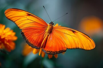 Bright orange butterfly perched on vibrant flowers in a lush garden during the sunny afternoon