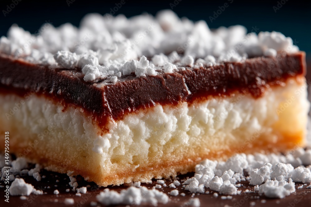 Poster sweet dessert square with rich chocolate layer and powdered sugar topping served on a dark surface