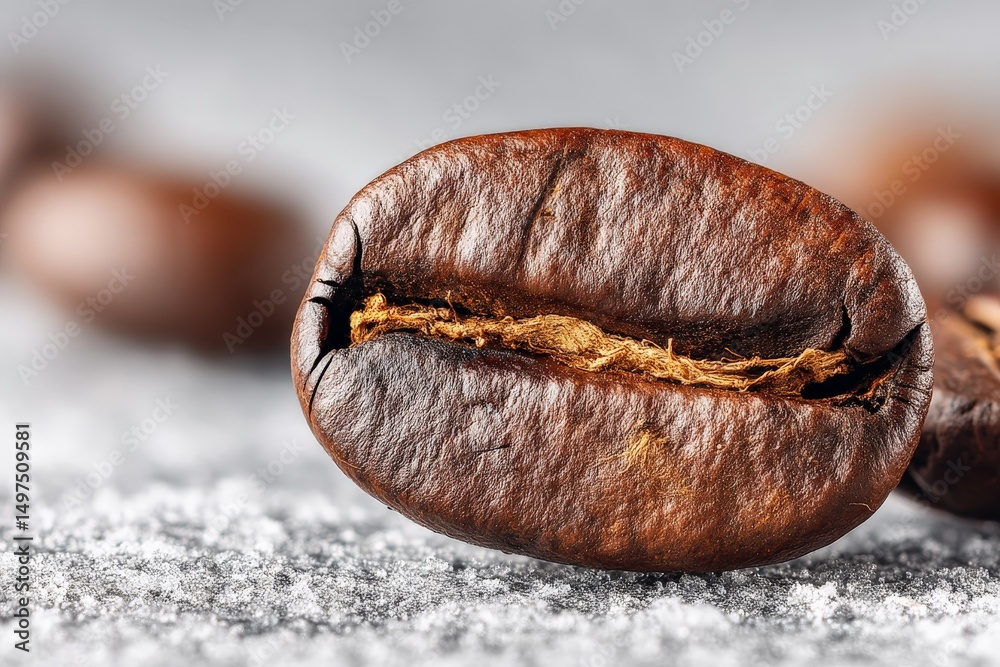 Aufkleber Coffee bean close-up showcasing rich texture and color on a gray surface with scattered coffee beans in the background