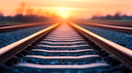 Fototapeta premium Parallel railway tracks stretching into the vibrant sunset landscape