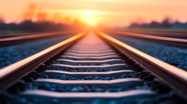 Parallel railway tracks stretching into the vibrant sunset landscape