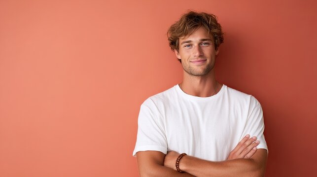 A young man stands confidently with his arms crossed against a warm orange wall. The casual style highlights his relaxed demeanor and inviting smile. A perfect image for lifestyle branding. AI