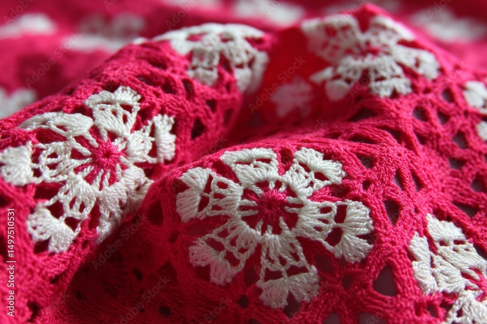 Poster colorful handcrafted crochet fabric with floral patterns displayed in close-up capture during daytim