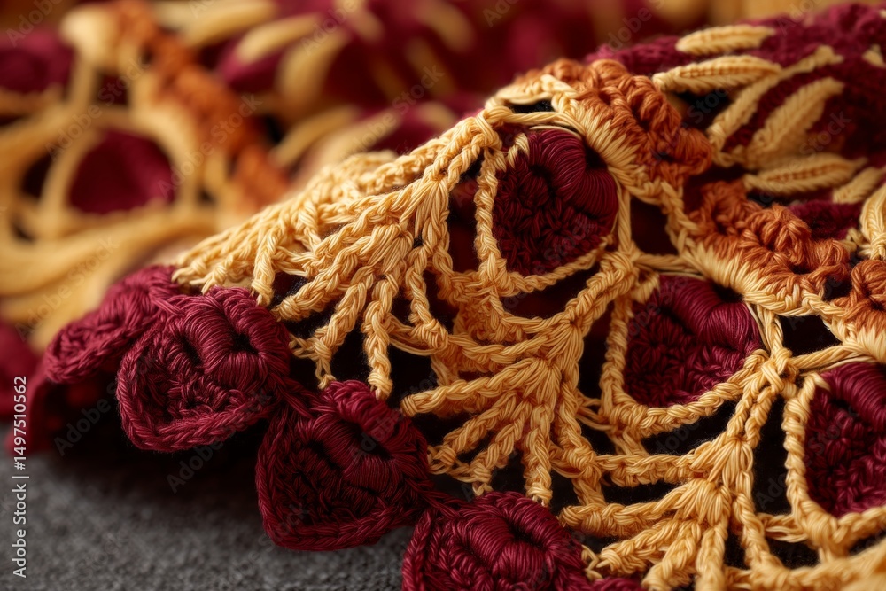 Poster close-up view of intricate crochet pattern showcasing autumn colors and delicate craftsmanship