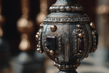Ornate vintage lamp base captured in fine detail with intricate engravings and embedded gemstones