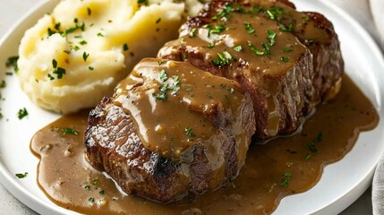 Aerial view showcasing roast beef smothered in rich demi-glace gravy.