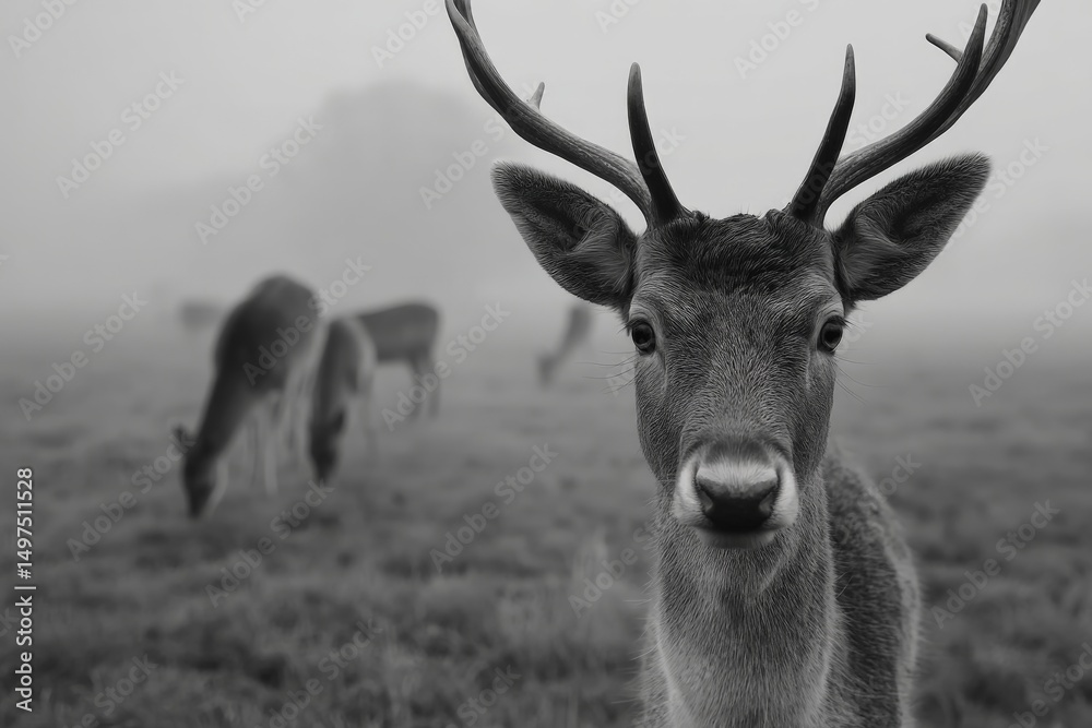 Aufkleber close-up of a deer in a foggy meadow with other deer in the background during early morning hours