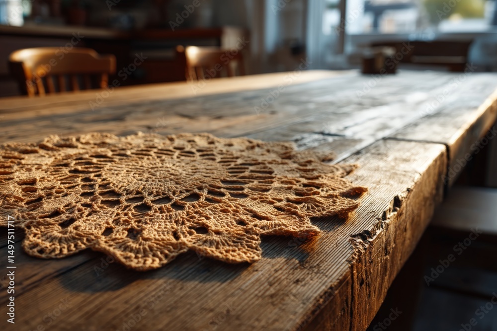 Poster crocheted table centerpiece on rustic wooden dining table during warm afternoon light in a cozy sett