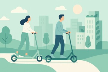 Young people riding electric scooters in green city promoting sustainable transportation