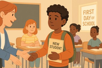 Teacher welcoming new student in classroom on first day of school