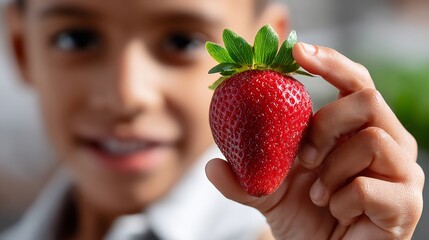 Obraz premium Young boy is holding a red strawberry in his hand. Concept of innocence and curiosity, as the child is likely exploring the fruit for the first time