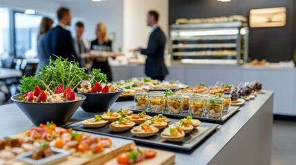 Obraz premium Business professionals enjoying catered refreshments in the background.