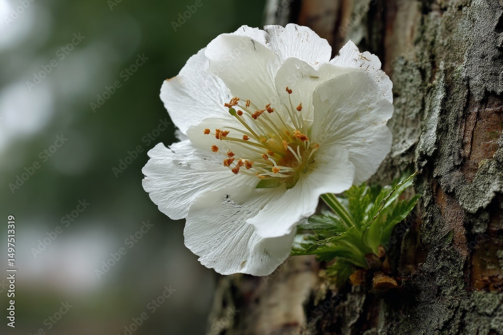 Poster white flower blossoms on tree bark in a serene forest setting during springtime
