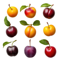 Colorful Variety of Fresh Plums and Apricots Displayed in a Grid Arrangement with Bright Colors and Fresh Green Leaves for Culinary Inspiration Transparent background, PNG
