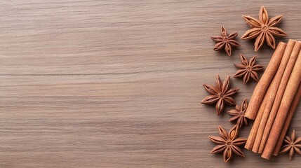Fototapeta premium Cinnamon sticks and star anise spices lie on a smooth brown surface. Food ingredients are used in cooking and baking