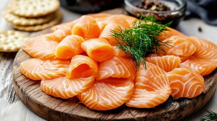 Close-up view of delicate smoked salmon slices garnished with fresh dill. 