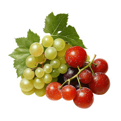 Fresh and Juicy Grapes Displaying a Variety of Colors Including Green, Red, and Black on a White Background with Lush Green Leaves for a Vibrant Look Transparent background, PNG