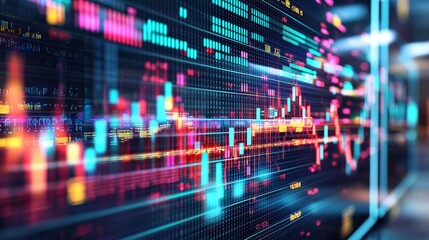 Colorful digital stock market graph highlights evening data trends.