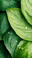 Fototapeta premium Fresh green leaves covered with water drops. Close up view of nature. Wet foliage background. Natural plant texture. Greenery and water