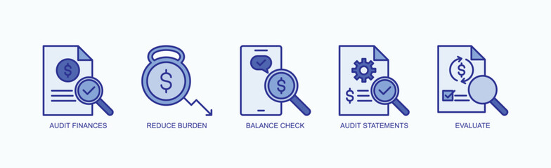 Financial Clarity And Control Icon Set Isolated Vector With Icon Of Audit Finances, Reduce Burden, Balance Check, Audit Statements, Evaluate In Blue Style