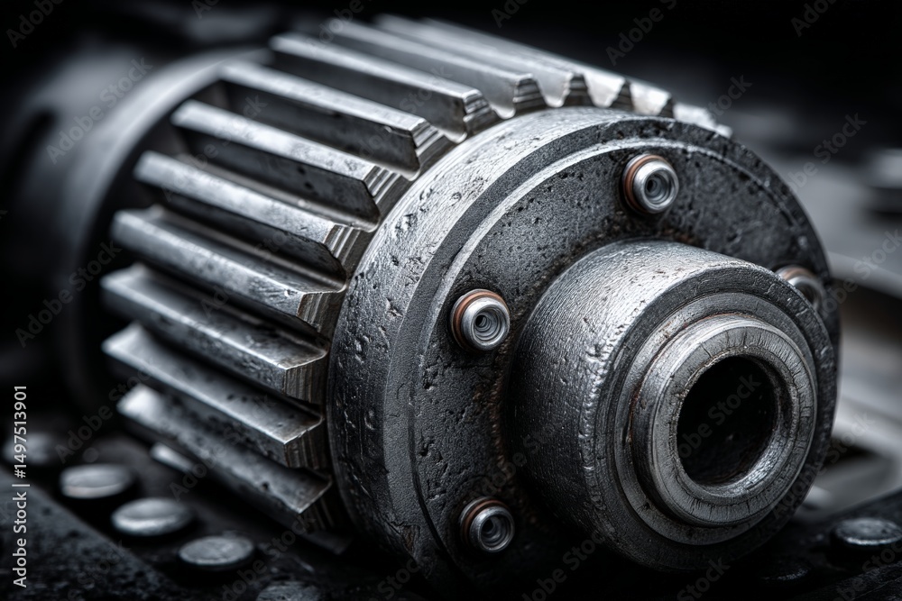 Poster Close-up of a metallic gear component highlighting intricate textures and details in a workshop setting