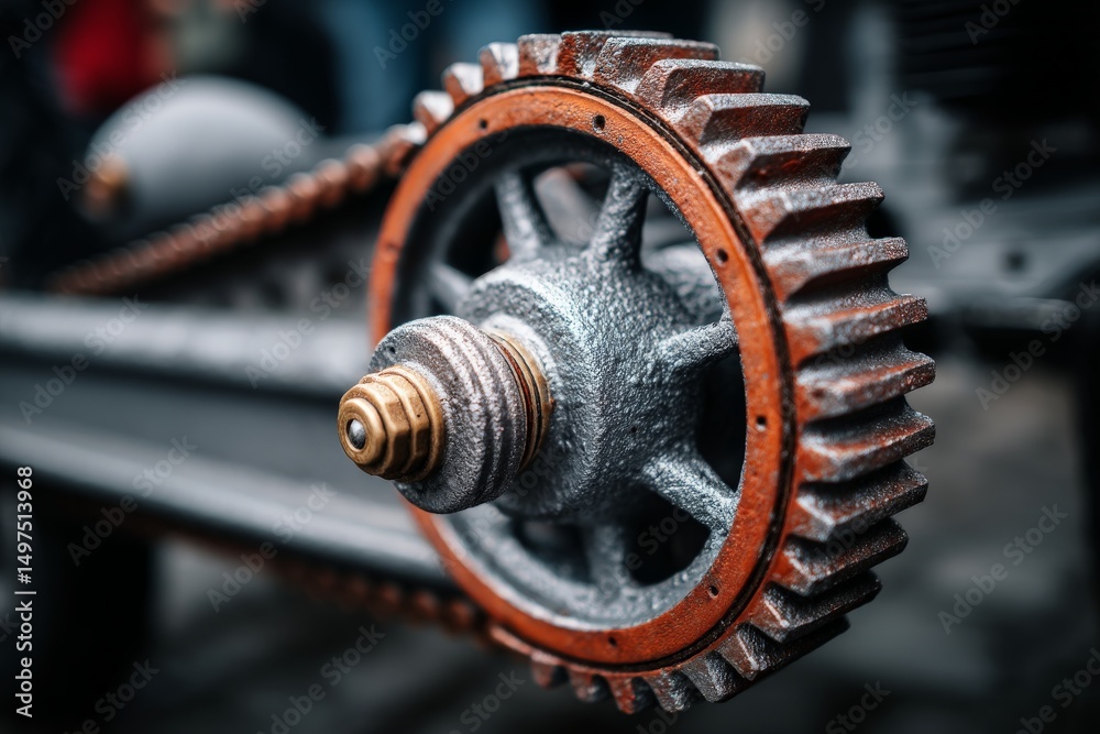Poster detailed view of a metallic gear and belt assembly at a machinery exhibition in an urban setting dur