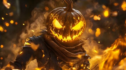 Spooky pumpkin-headed scarecrow with glowing eyes