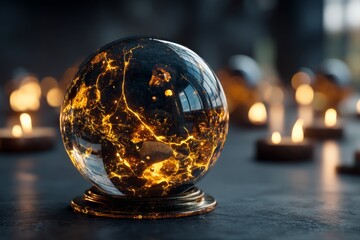 Glowing crystal orb surrounded by candles in a dimly lit room with reflective surfaces