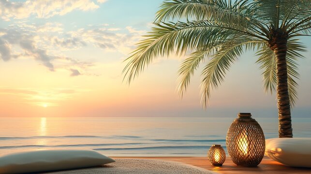Fototapeta Serene tropical sunset scene with palm trees by the beach