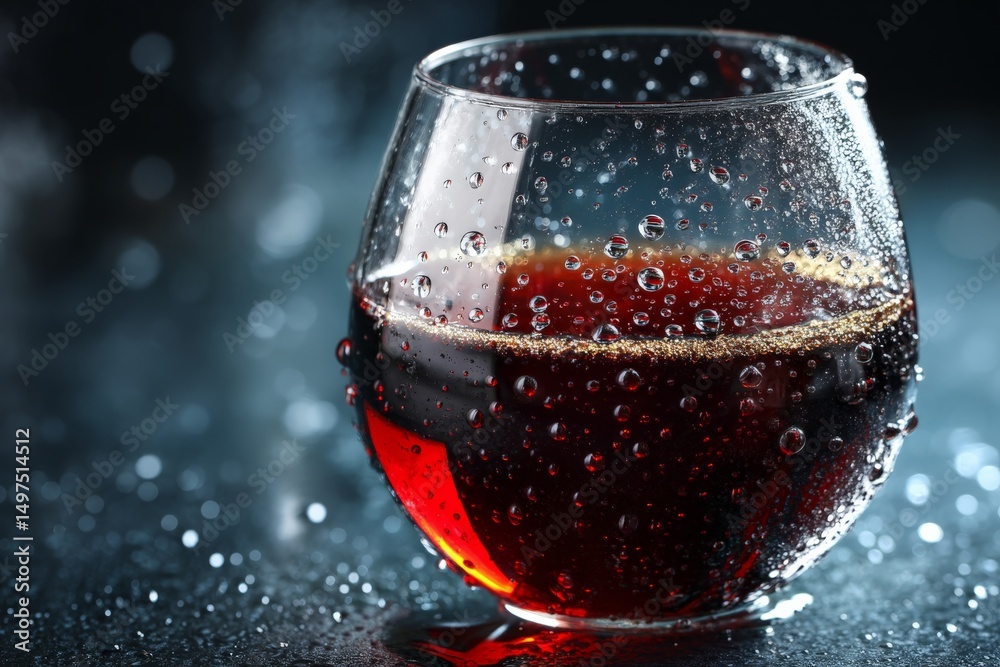 Aufkleber Glass of refreshing dark beverage sits on a textured surface illuminated by soft light in a moody setting