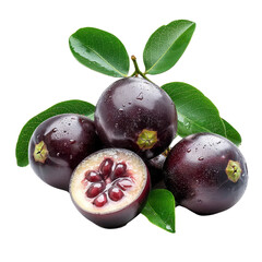 Fresh tropical fruit with dark purple skin and juicy red seeds, garnished with green leaves, isolated on white background for culinary uses Transparent background, PNG