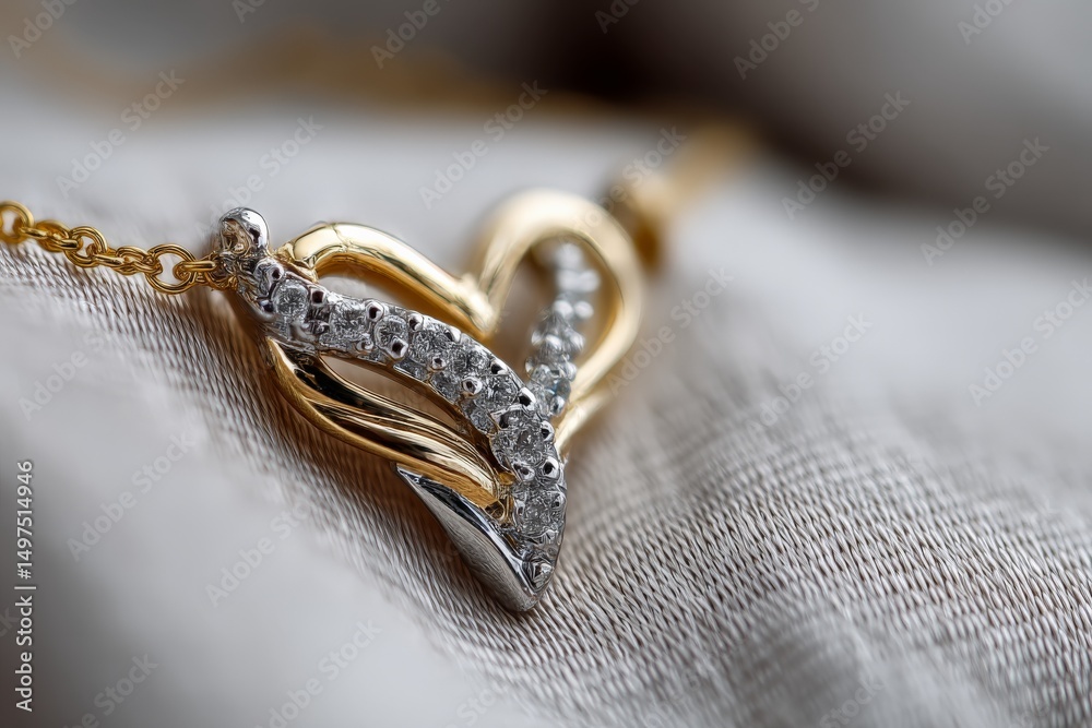 Poster Beautiful heart-shaped necklace highlighting intricate design and sparkling stones on soft fabric background