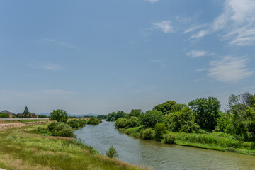 Fototapeta premium Winding river flowing through lush green meadows and trees under a blue sky with clouds.