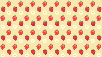 Seamless summer pattern with strawberries and white flowers on yellow background