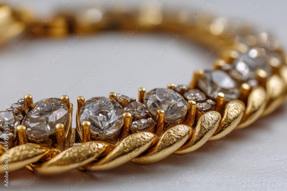 Poster beautiful golden bracelet adorned with sparkling gems captured in close-up detail, highlighting intr