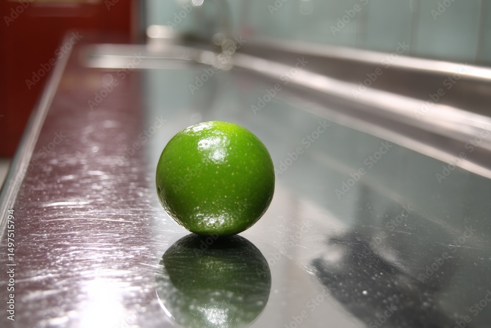 Poster fresh lime resting on a metallic countertop in a kitchen setting, highlighting its vibrant color and