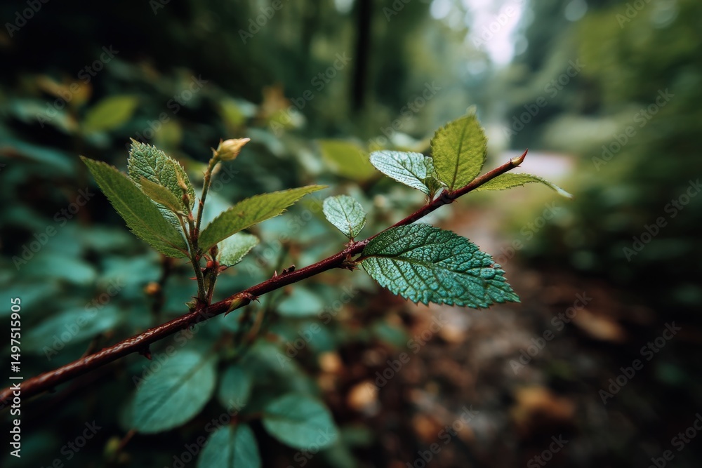 Poster close-up view of dew-covered green leaves on a branch in a lush forest setting during early morning 