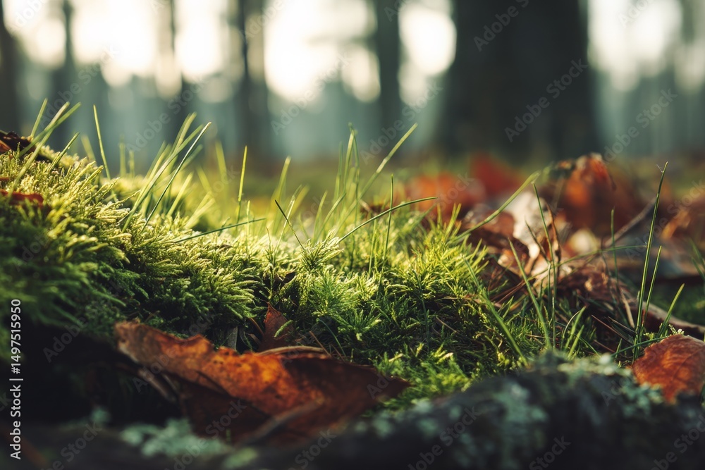 Poster Mossy forest floor with fallen leaves and sunlight filtering through trees in a serene setting