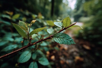 Close-up view of dew-covered green leaves on a branch in a lush forest setting during early morning hours
